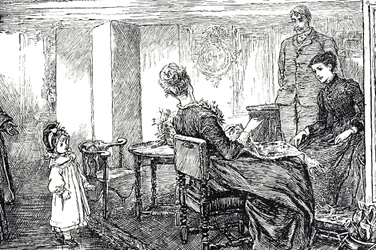 Ilustrace malé holčičky, o kterou se celé odpoledne starají její tety a strýc