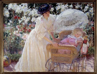 Růže a lilie Matka a její malá dcera v kočárku v květinové zahradě. Obraz Mary Mac Monnies (1858-1946) 1897 Rouen, Muzeum výtvarných umění