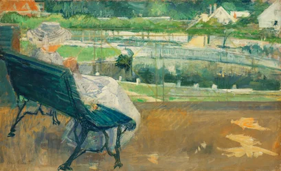Lydia sedící na verandě, háčkování, kolem roku 1881
