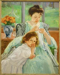 Mladá matka šije (malba na plátně)