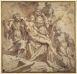 Pieta (pero a hnědý inkoust s hnědým praním na bílém papíře)