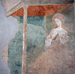 Freska od Masolina da Panicale v baptisteriu v Castiglione, detail Zvěstování (2)