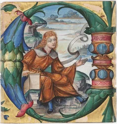 Postupný, výřez s historickou iniciálou C sv. Jana Křtitele, z antifonáře, Milán, 1515 (tempera a inkoust na pergamenu) (recto of 3587462)