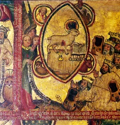 Beránek, držící knihu Sedmi pečetí, uctívaný staršími, 14.–15.