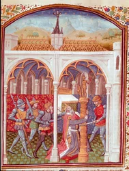 Zavraždění krále. Miniatura převzatá z „Cases of noble men and women unfortunes“ (De casibus) od Giovanniho Boccaccia, zvaného Jean Boccaccio (1313-1375), italského spisovatele, přeložená Laurentem de Premierfait a iluminovaná Mistrem z Dunois (15. století