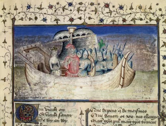Brutus Trojan vyplouvá do Británie, z Historie králů Británie od Geoffreye z Monmouthu (1100-54)