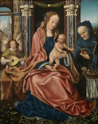 Triptych Svaté rodiny s hudbou tvořící anděly. Centrální panel, cca 1510-1520