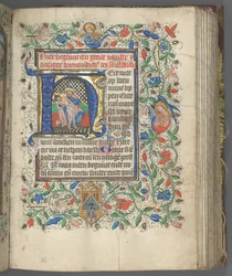 Kniha hodin Použití Utrechtu: fol. 63r, Iniciála s Nejsvětější Trojicí, c. 1460-1465.