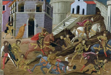 Tarquin le Superbe (mort en 495 avant JC) - Vyhnání Tarquina a jeho rodiny z Říma - Mistr Marradi (Maestro di Marradi) (aktivní 1470-1513) - Konec 15. stol. - Tempera na panelu - 41x65,5 - Soukromá sbírka