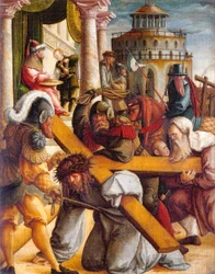 Německy: Kreuztragung Christi und Handwaschung des Pilatus Kristus nese kříž a Pilát si myje ruce