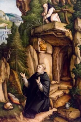 Svatý Benedikt jako modlící se poustevník, kolem roku 1540 (tempera a olej na dřevě (basso))