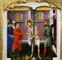 Bičíkování od Mistra z Rubia (14. století), predella oltářního obrazu z kostela Santa Maria, Rubio, malba na dřevě.