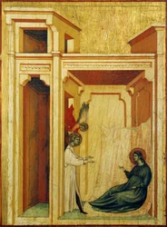 Anděl korunující Valeriána s růžemi a liliemi, detail z oltářního obrazu znázorňující Legendu o svaté Cecílii, kolem roku 1304, od Mistra svaté Cecílie (aktivní počátek 14. století), tempera na desce a plátkovém zlatě vyraženo, 85x181 cm