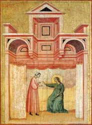 Cecílie přemlouvá svého manžela Valeriana ke křtu, detail z oltářního obrazu znázorňující Legendu o svaté Cecílii, kolem roku 1304, od Mistra svaté Cecílie (aktivní počátek 14. století), tempera na desce a plátkovém zlatě vyraženo, 85x181 cm