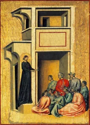 Svatá Cecílie konvertující prefektští vojáci, detail z oltářního obrazu znázorňující Legendu o svaté Cecílii, kolem roku 1304, od Mistra svaté Cecílie (aktivní počátek 14. století), tempera na desce a plátkovém zlatě vyraženo, 85x181 cm