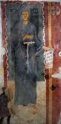 Znázornění svatého Františka z Assisi (1181-1226) Toto je jistě první zobrazení světce popraveného za života, představující bez stigmatu a bez aureoly. Drží papír nebo je napsáno latinsky „“ Pax huic Domui““ (Mír