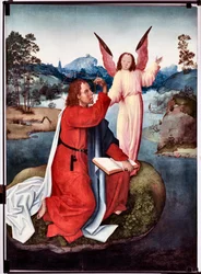 Epizoda ze života svatého Jana Evangelisty: „“Svatý Jan a Patmos““ (Život evangelisty svatého Jana, St John in Patmos) Malba od mistra evangelisty San Giovanni (Saint John Evangelist) (konec 15. století) Rozměr 120x90 cm Genes, Musei di Strada Nuo