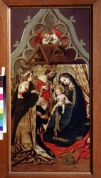 Klanění tří králů. Klanění tří králů. Obraz mistra hradu Lichtenštejna, rakouského malíře (činný v letech 1430 až 1450), kolem roku 1440. Olej na dřevě. Puškinovo muzeum výtvarných umění, Moskva