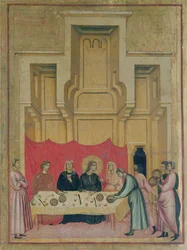 Svatá Cecílie a výjevy z jejího života; detail levého horního panelu zobrazující svatou Cecílii jí u stolu, cca 1300 detail 50346