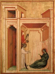 Svatá Cecílie a příběh jejího života Detail: Anděl přináší květiny Valerianovi - oltářní obraz, cca 1290-1320