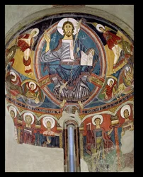 Christ in Majesty lemovaný serafíny a symboly evangelistů, freska apsidy ze San Climente in Taull (Tahull) Katalánsko, kolem 1123 (freska)