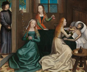 Charita svatého Mikuláše, z oltářního obrazu svatého Mikuláše, kolem 1486-93 (olej na desce)