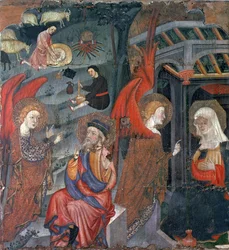 Zvěstování s pastýři vyrábějícími sýr v pozadí, z oltářního obrazu zasvěceného Panně Marii, z Tora, Segarra, Lleida (tempera na panelu)