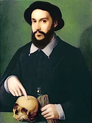 Portrét gentlemana s pravou rukou ukazující na lebku, kolem roku 1540