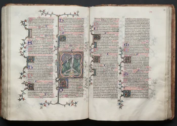 Gothajský misál: Fol. 117v, sv. Petr přivázaný vzhůru nohama ke kříži, c. 1375.