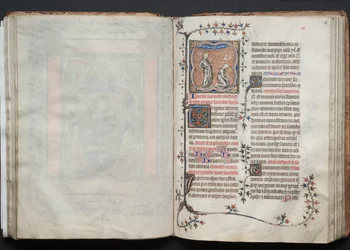 Gothajský misál: Fol. 65r, Kostel a synagoga, c. 1375.