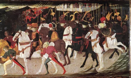 Decameron de Boccaccio (Jean Boccaccio): příběh Alatiel, dcery babylonského sultána Beminedaba, detail představující jezdce a stránky (Příběh Alatiela, dcery Beminedaba, babylonského sultána, jezdců a stránek) (7. zpráva druhého dne) Wo