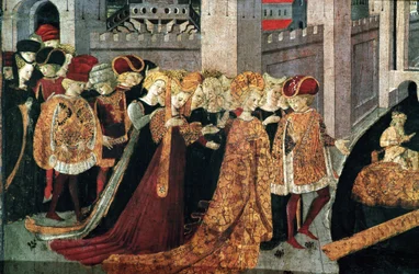 Decameron de Boccaccio (Jean Boccaccio): Chatelain Pericone vítá Alatiel, dceru babylonského sultána Beminedaba a její apartmá na ostrově Mallorca (Pericone da Visalgo vítá Alatiel dceru Beminedaba, babylonského sultána, na ahoj
