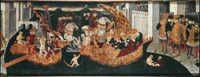 Decameron de Boccaccio (Jean Boccaccio): Chatelain Pericone vítá Alatiel, dceru babylonského sultána Beminedaba a její apartmá na ostrově Mallorca (Pericone da Visalgo vítá Alatiel dceru Beminedaba, babylonského sultána, na ahoj