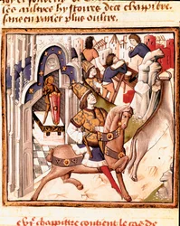 Znázornění Cadma, zakladatele města Théby ve starověkém Řecku Miniatura Mistra šampiona dam (15. století) z rukopisu „Des hommes illustres““ od Giovanniho Boccaccia (Jean Boccaccio) (1313-1375). 15. století. Carpe