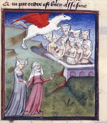 Harl 4431 fol. 183 Devět múz koupání, ze sebraných děl Christine de Pisan