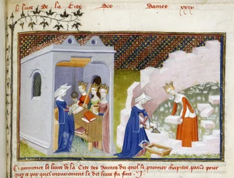 Harley 4431, f.290, Detail miniatury Christine před personifikacemi Reason, Rectitude and Justice a Christine s Reasonem staví Cité des Dames (vellum)