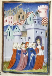 Harley 4431, f.323 Spravedlnost vstupuje do města dam, z „Le Livre de la Cité des Dames“ od Christine de Pisan