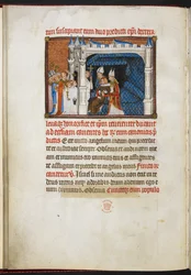 Cotton Tiberius B. VIII f.44v Biskupové z Remeše a Beauvais pozvedají krále z thalamu, z „Korunovační knihy Karla V., krále Francie“