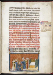 Cotton Tiberius B. VIII f.59, Remešský arcibiskup klade korunu na hlavu krále, z „Korunovační knihy Karla V., krále Francie“