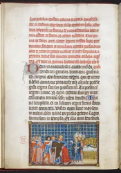 Cotton Tiberius B. VIII f.47v Král si svléká svrchní oděv, ilustrace z „Korunovační knihy Karla V., krále Francie“