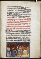 Cotton Tiberius B. VIII f.56r Remešský arcibiskup žehná královým rukavicím, z díla „Korunovační kniha Karla V., krále Francie“