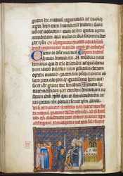 Cotton Tiberius B. VIII f.56v Remešský arcibiskup navléká králi rukavice, z díla „Korunovační kniha Karla V., krále Francie“
