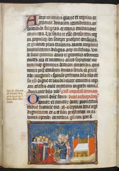 Cotton Tiberius B. VIII f.69v, Remešský arcibiskup klade korunu na hlavu královny a baroni její korunu podpírají, ilustrace z „Korunovační knihy Karla V., krále Francie“