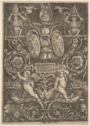 Panel ornamentu, putti stojící na roh hojnosti v dolní části, 1530-60.