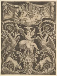 Panel ornamentu s puttem ve středu držící větrný mlýn, 1532.
