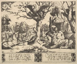 Fénix seděl na vrcholu stromu, křídla rozevřená, pod ním řada zvířat, 1530-60.