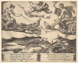 Alegorie manželství a lásky, Juno ve voze taženém pávy vlevo, Venuše v ..., 1530-60