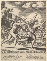 Apollo pronásleduje Daphne, která rozhazuje ruce, v pozadí vpravo ukazuje moma..., 1530-60.