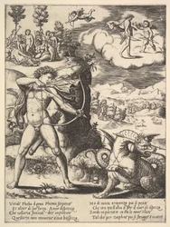 Apollo stojící vlevo střílí na krajtu šípem, nahoře vlevo jsou múzy..., 1530-60.