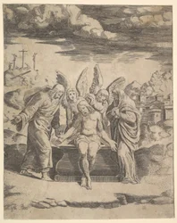 Kristus sedící na hrobě podepřený anděly, 1530-60.